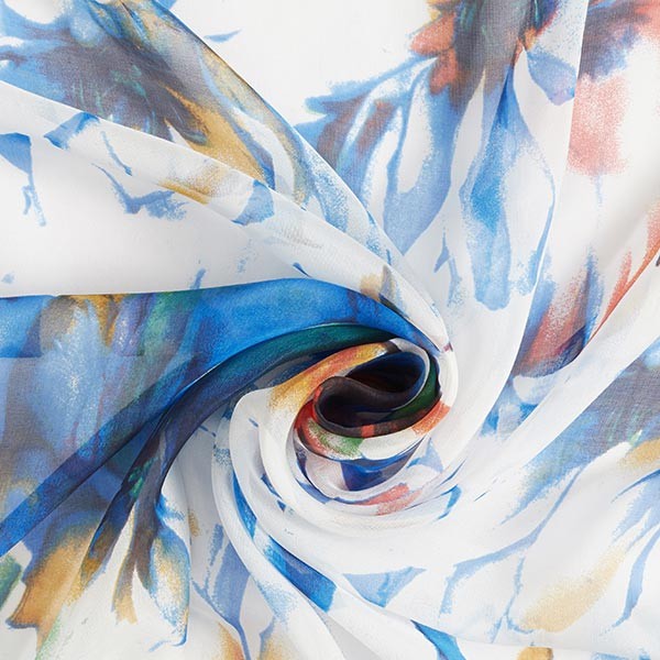 Chiffon di seta, fiori espressivi – bianco/blu